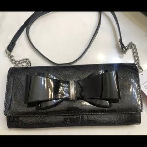 Betsey Johnson Black Faux Patent Crossbody with Bow Accent, Chain & Glitter NWT